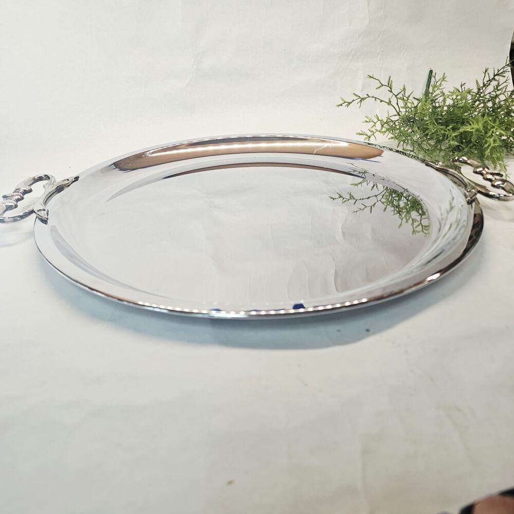 Vintage LARGE Kromex Chrome Plated Round Serving Tray W/ Gold Handles 16" Retro
